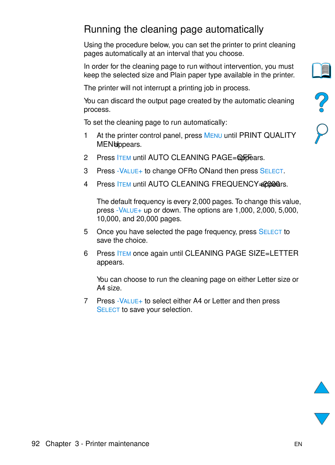 HP 4100TN, 4100N manual Running the cleaning page automatically, Press Item until Auto Cleaning FREQUENCY=2000 appears 