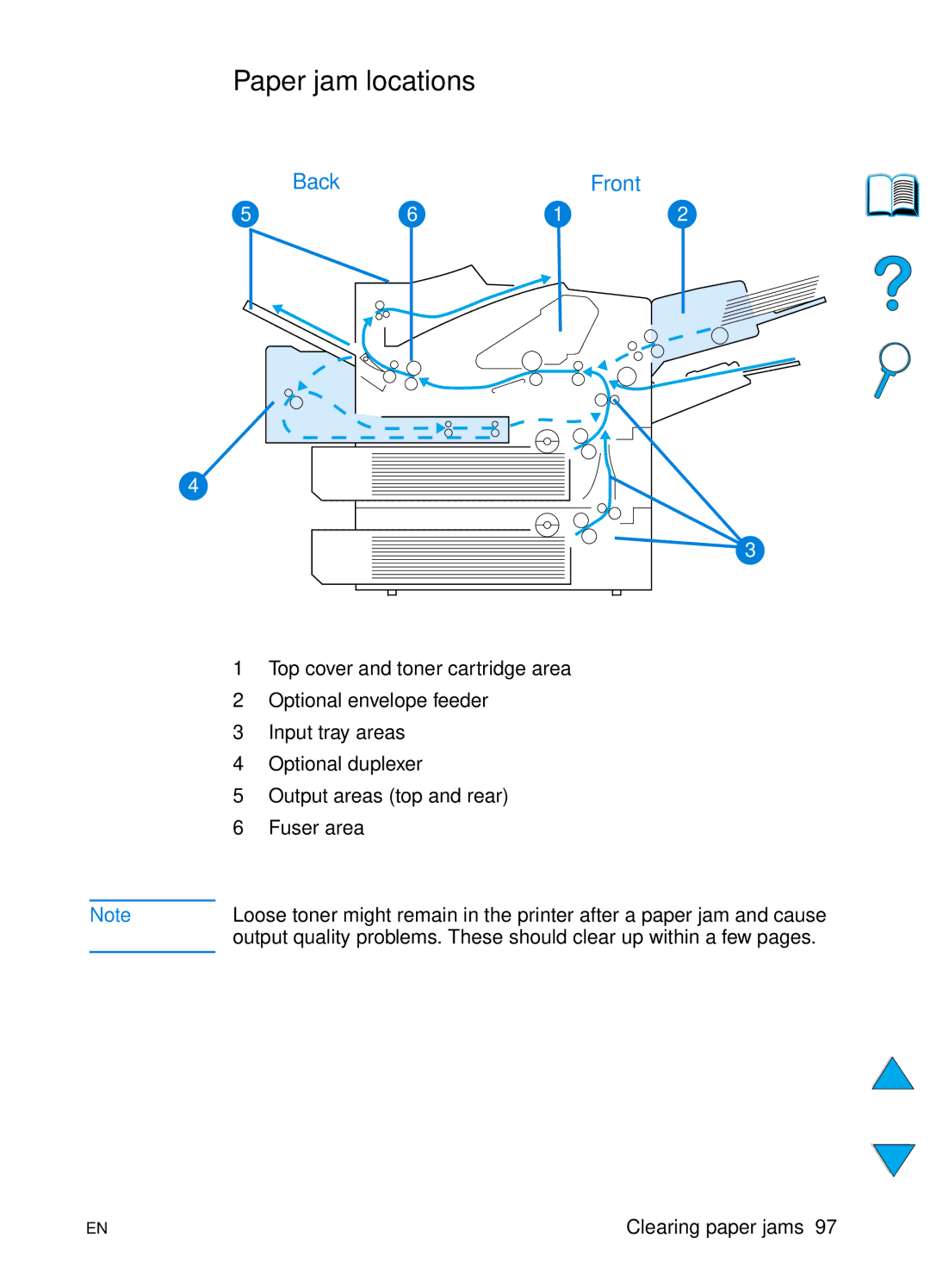 HP 4100N, 4100TN manual Paper jam locations, Back Front 