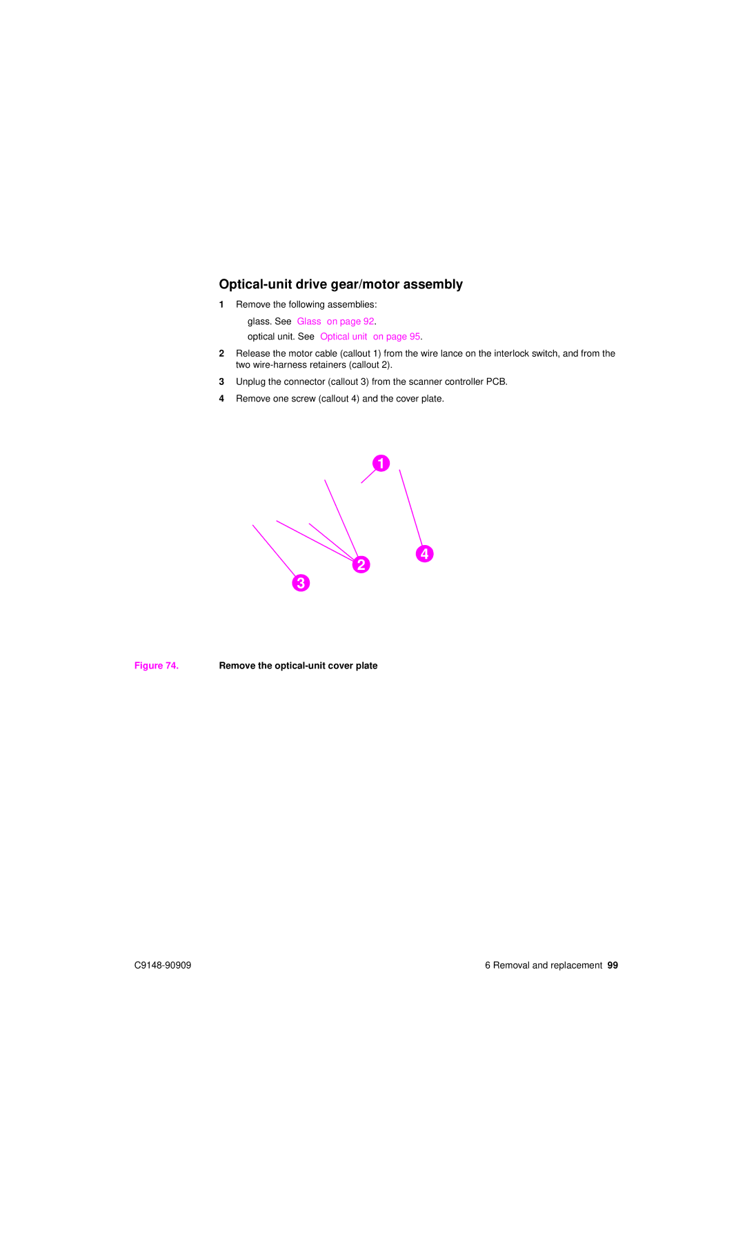 HP 4101mfp manual Optical-unit drive gear/motor assembly, Remove the optical-unit cover plate 