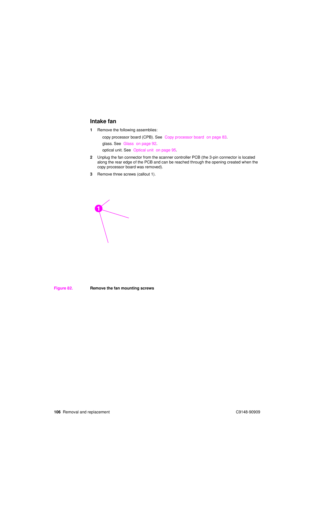 HP 4101mfp manual Intake fan, Remove the fan mounting screws 