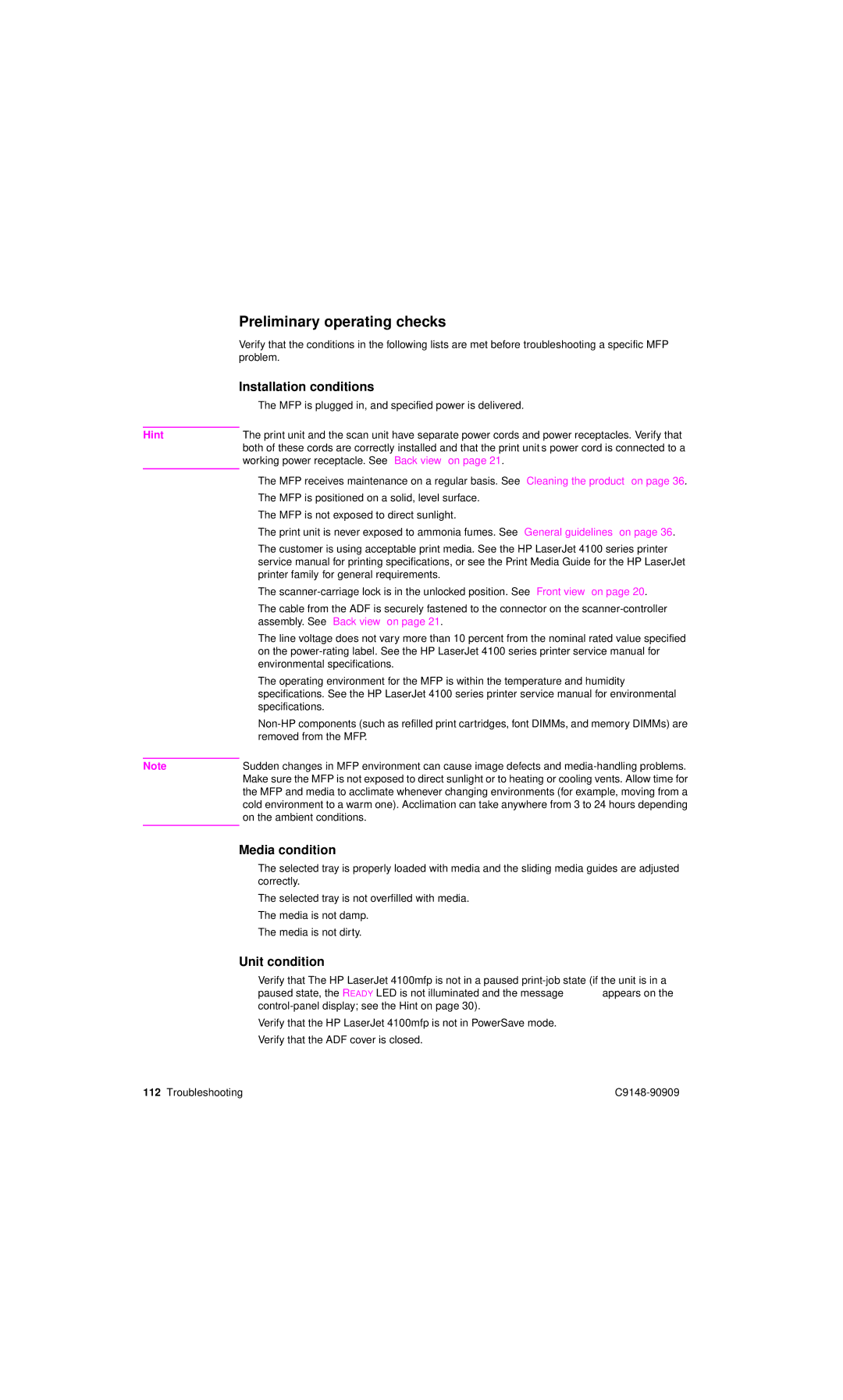 HP 4101mfp manual Preliminary operating checks, Installation conditions, Media condition, Unit condition 