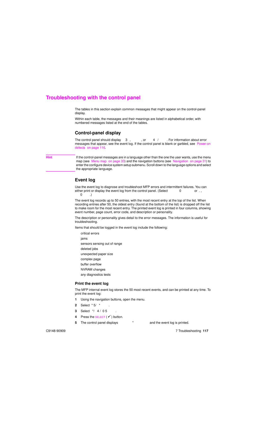 HP 4101mfp manual Troubleshooting with the control panel, Control-panel display, Event log, Print the event log 