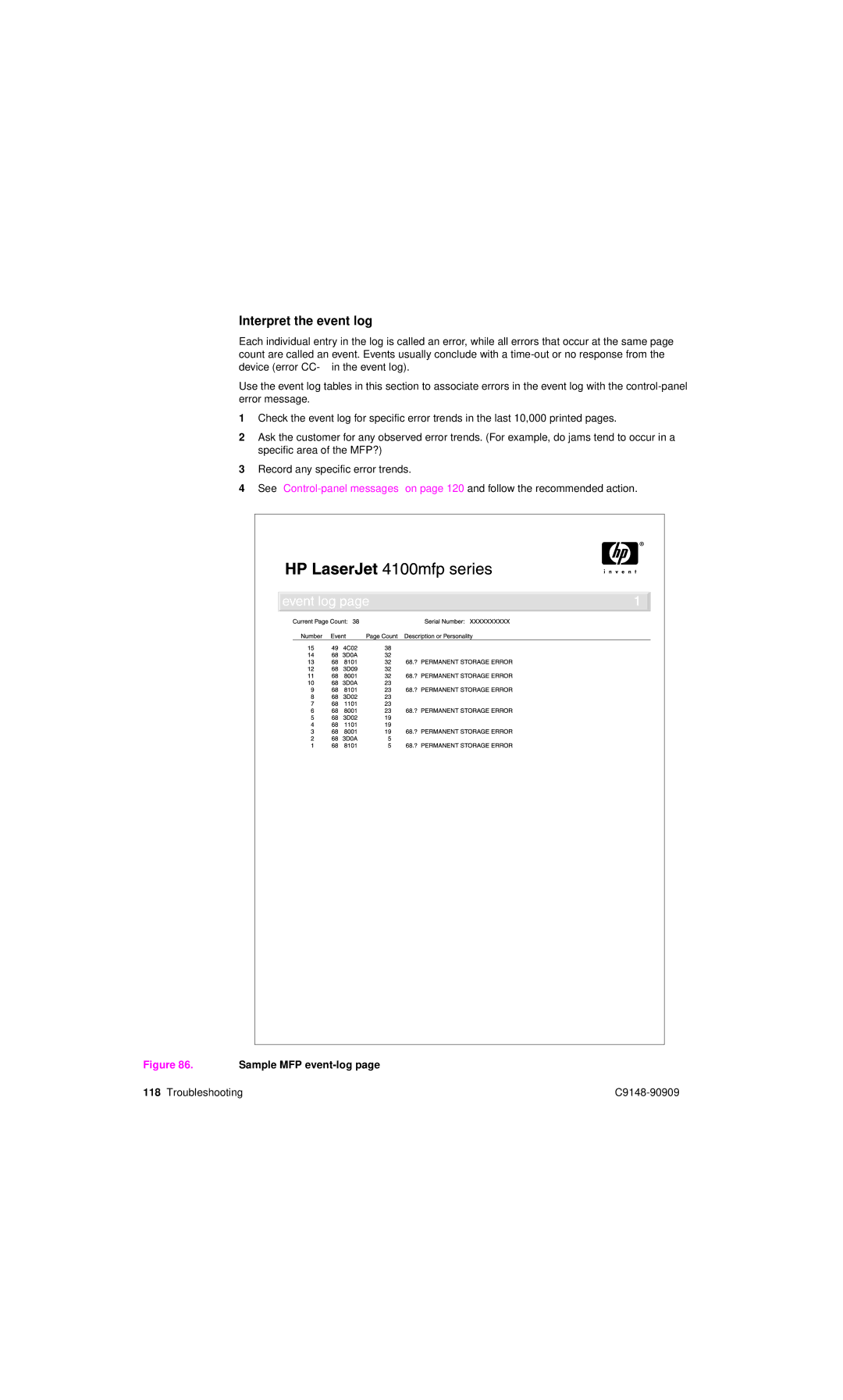 HP 4101mfp manual Interpret the event log, Sample MFP event-log 