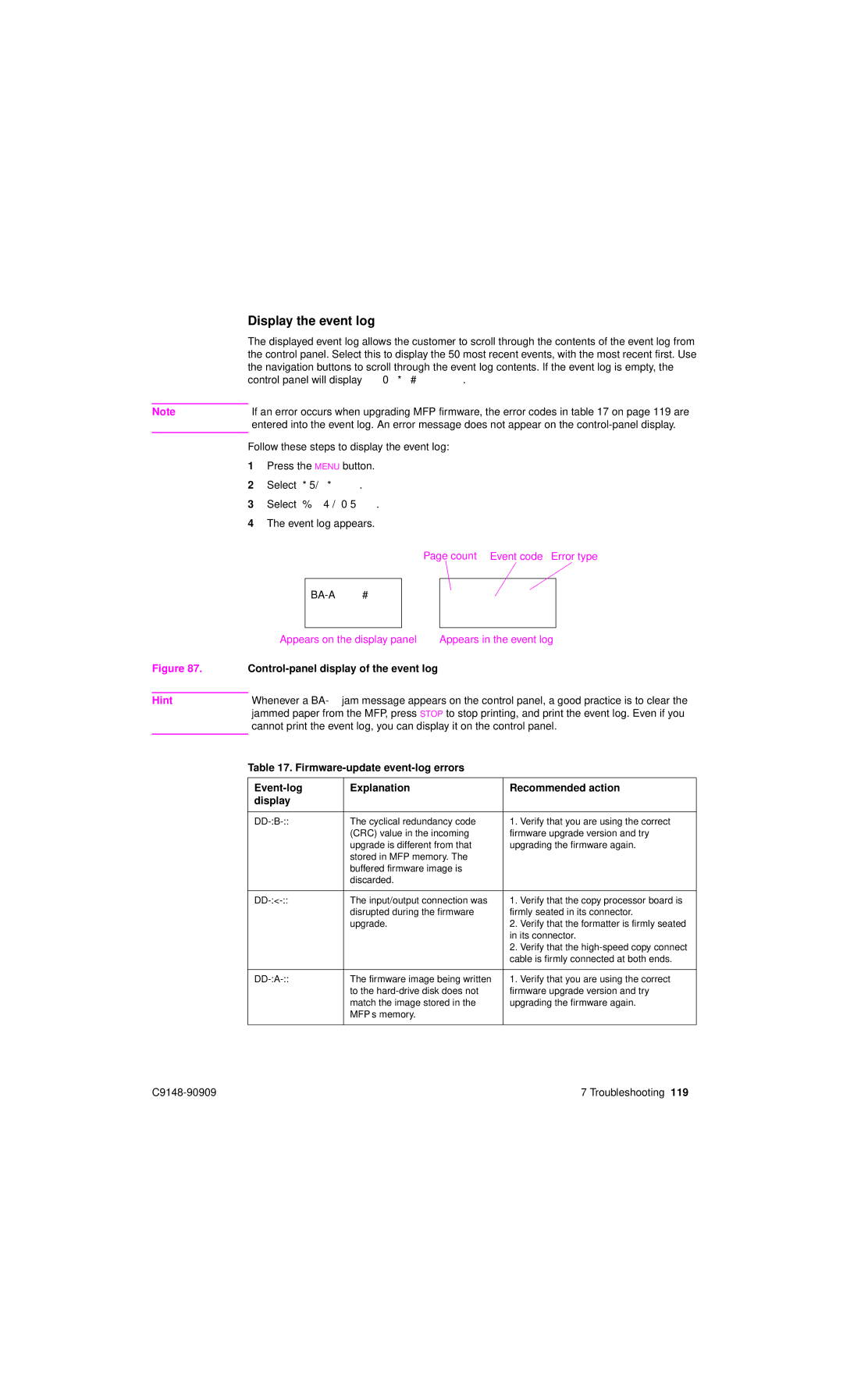 HP 4101mfp manual Display the event log, Control-panel display of the event log 