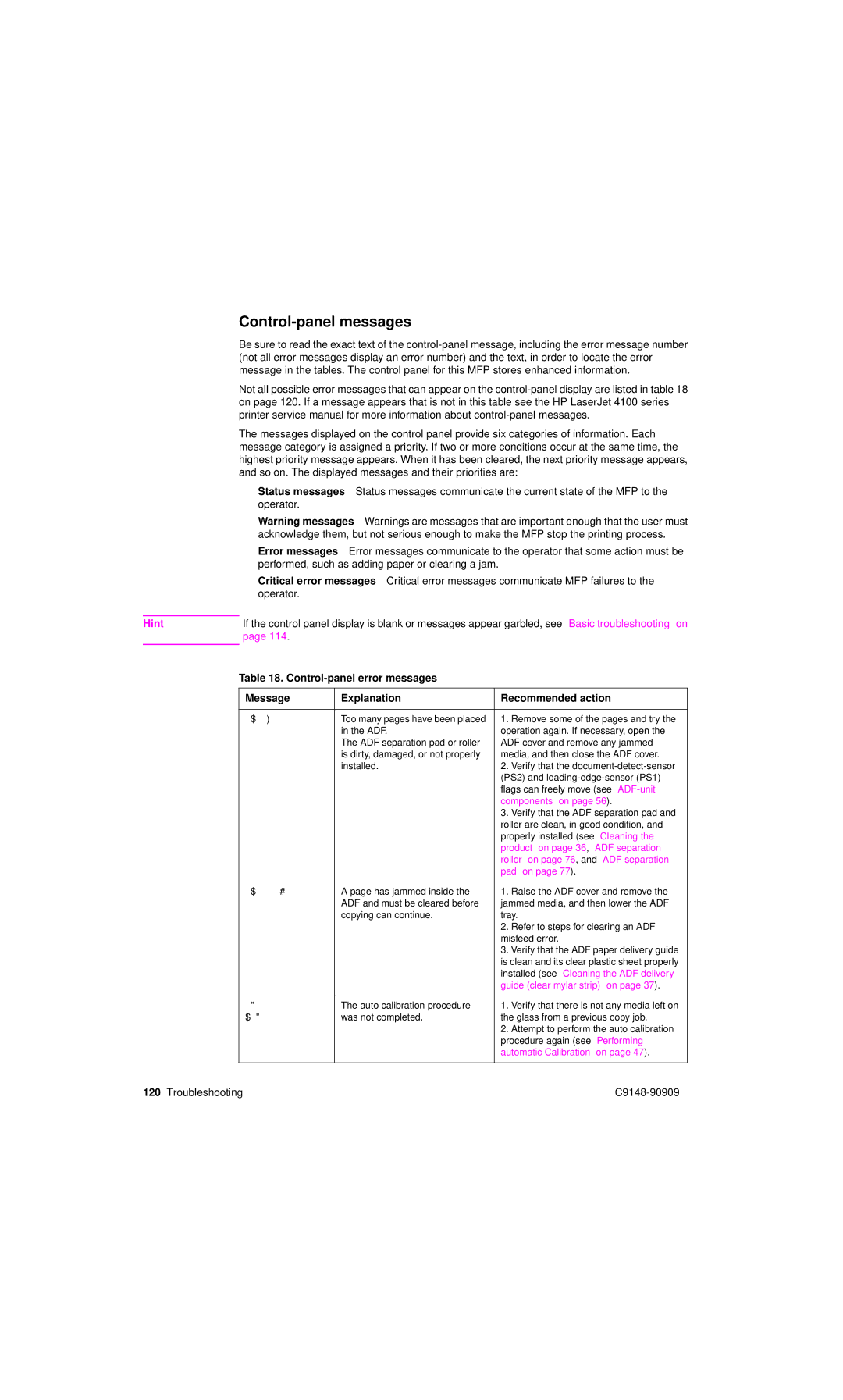 HP 4101mfp manual Control-panel messages 