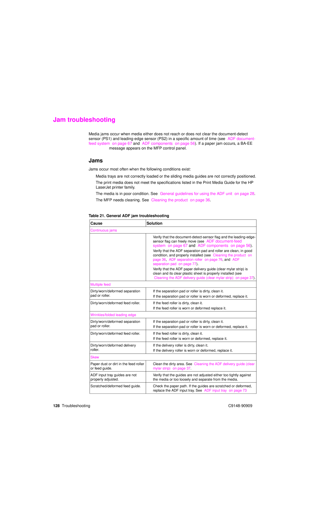 HP 4101mfp manual Jam troubleshooting, Jams, General ADF jam troubleshooting Cause Solution 