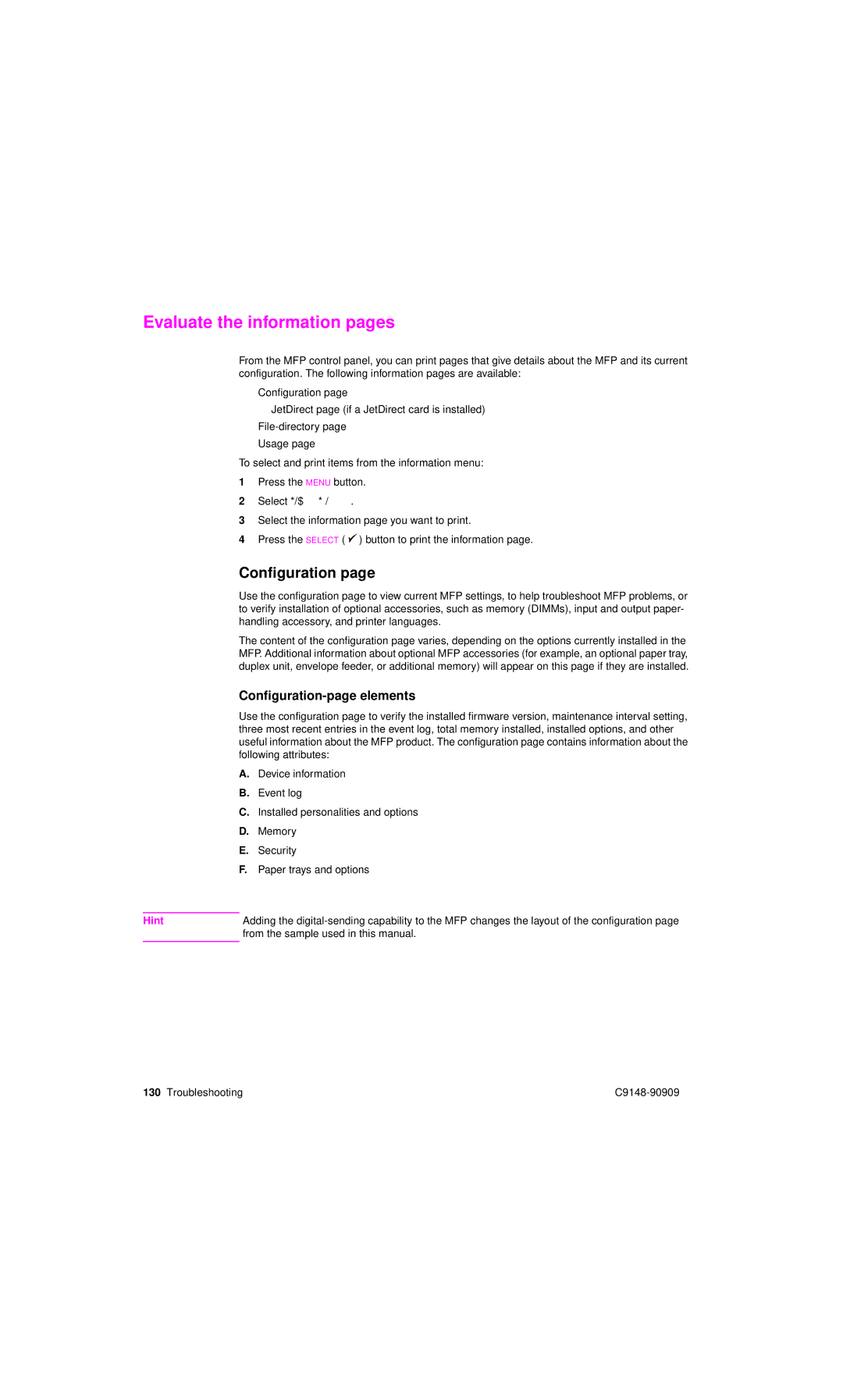 HP 4101mfp manual Evaluate the information pages, Configuration-page elements 