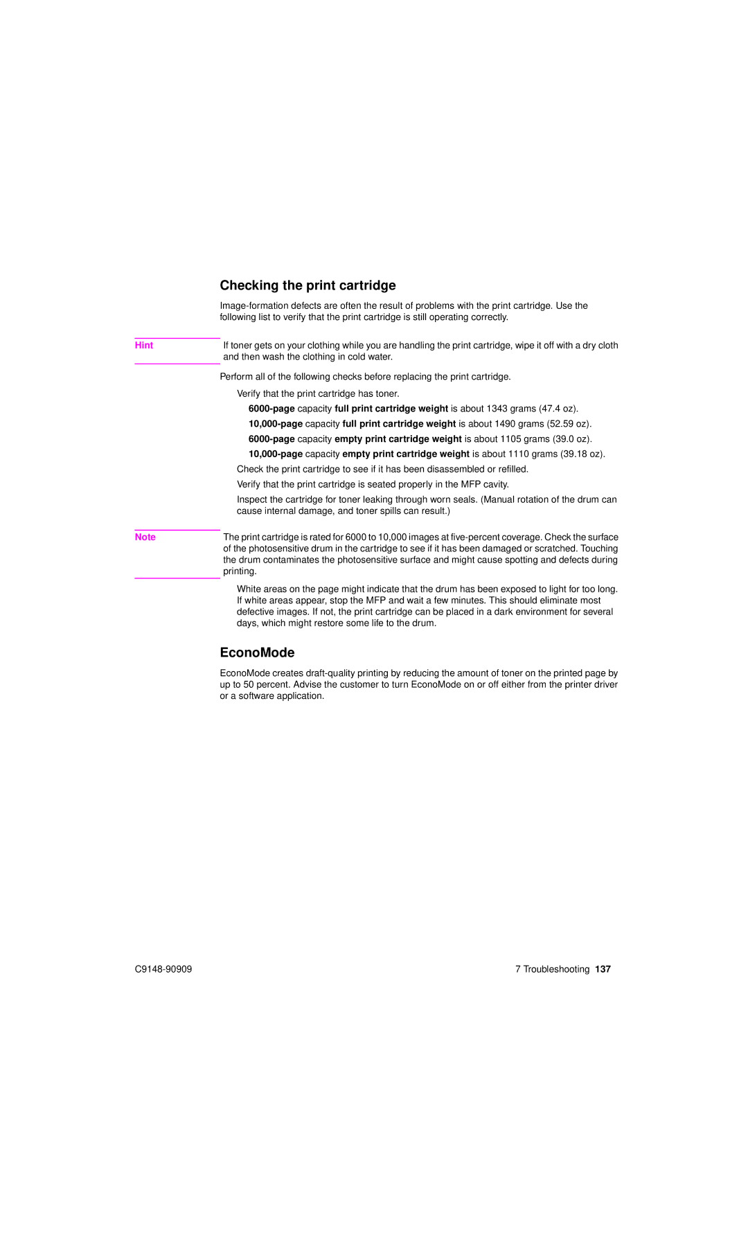 HP 4101mfp manual Checking the print cartridge, EconoMode 