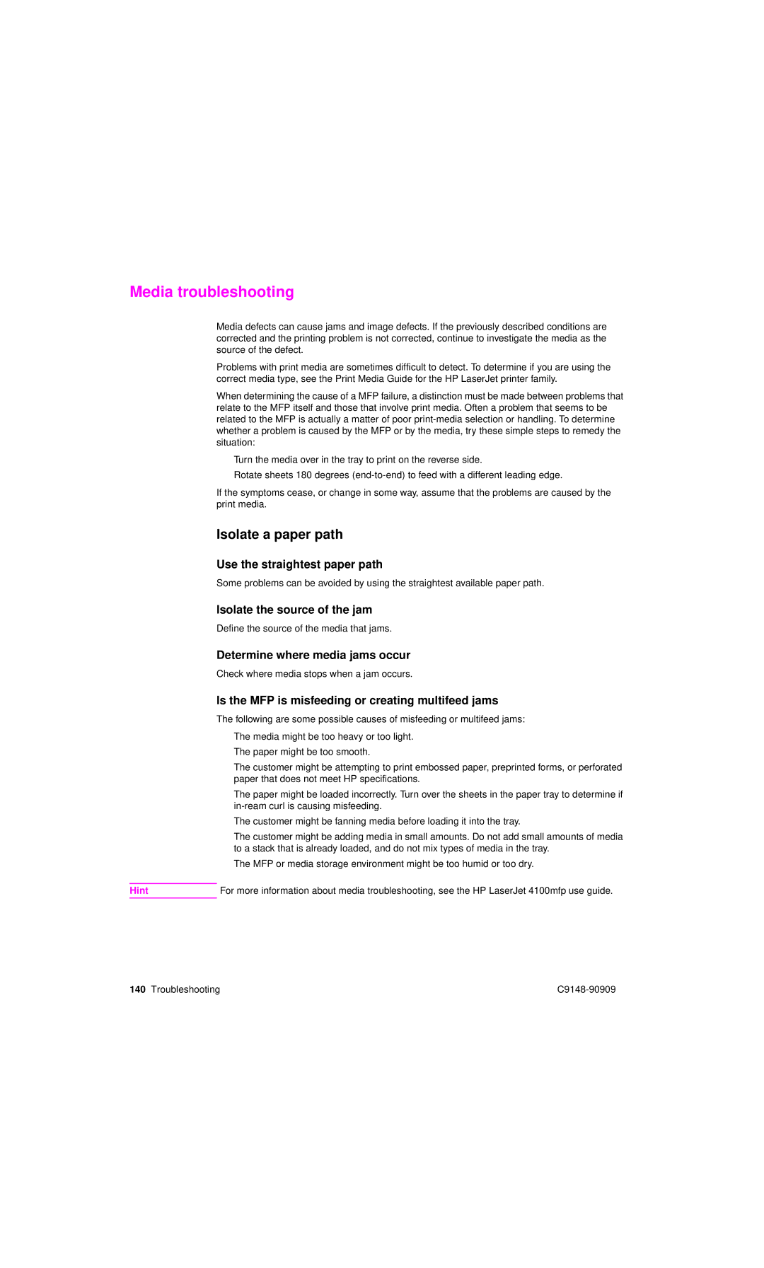 HP 4101mfp manual Media troubleshooting, Isolate a paper path 