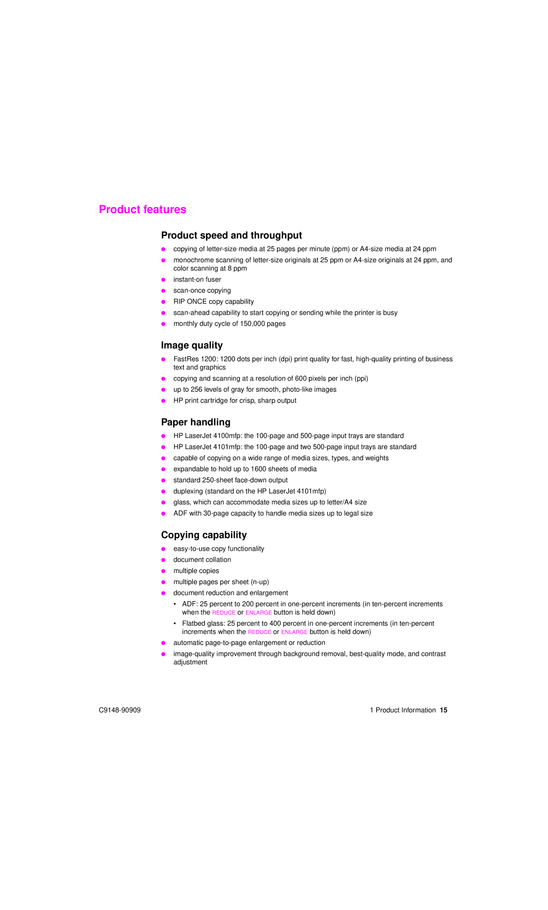 HP 4101mfp manual Product features, Product speed and throughput, Image quality, Paper handling, Copying capability 