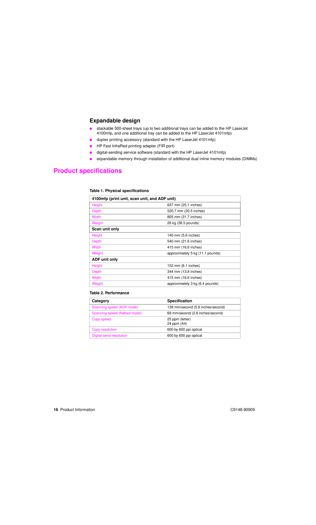 HP 4101mfp Product specifications, Expandable design, Scan unit only, ADF unit only, Performance Category Specification 