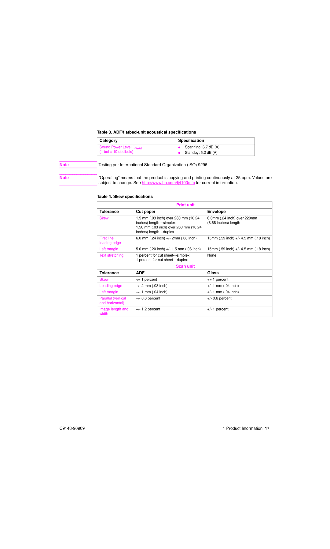 HP 4101mfp manual ADF/flatbed-unit acoustical specifications, Category Specification, Skew specifications, Tolerance, Glass 