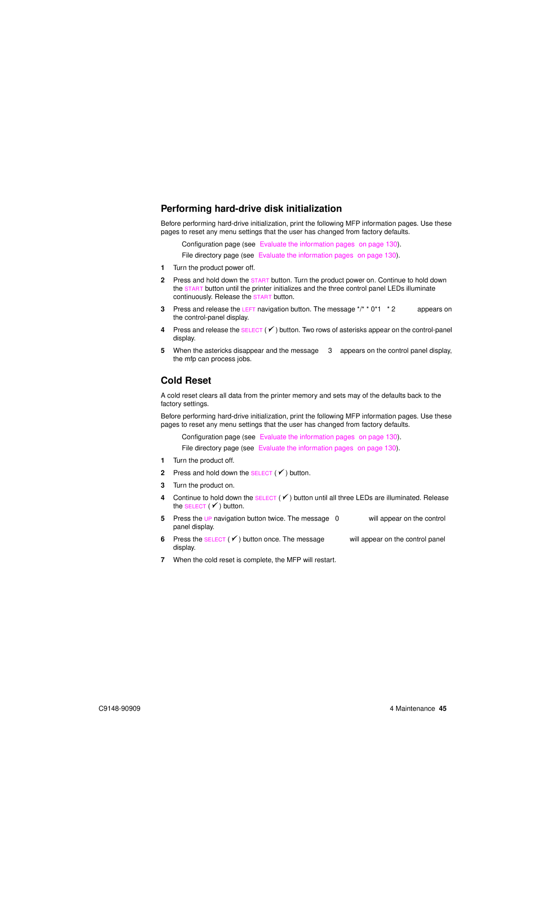 HP 4101mfp manual Performing hard-drive disk initialization, Cold Reset 