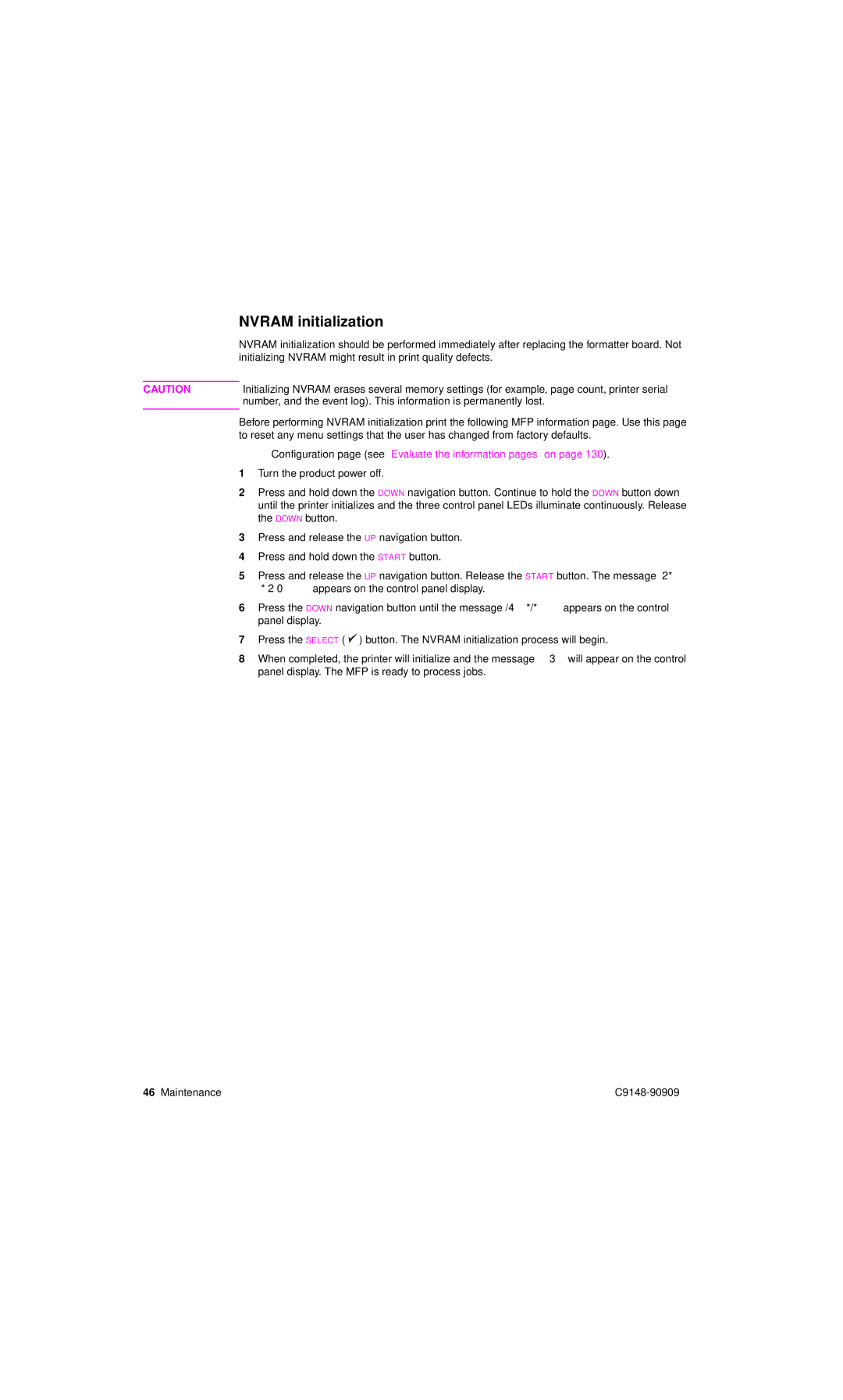 HP 4101mfp manual Nvram initialization, Configuration page see Evaluate the information pages on 