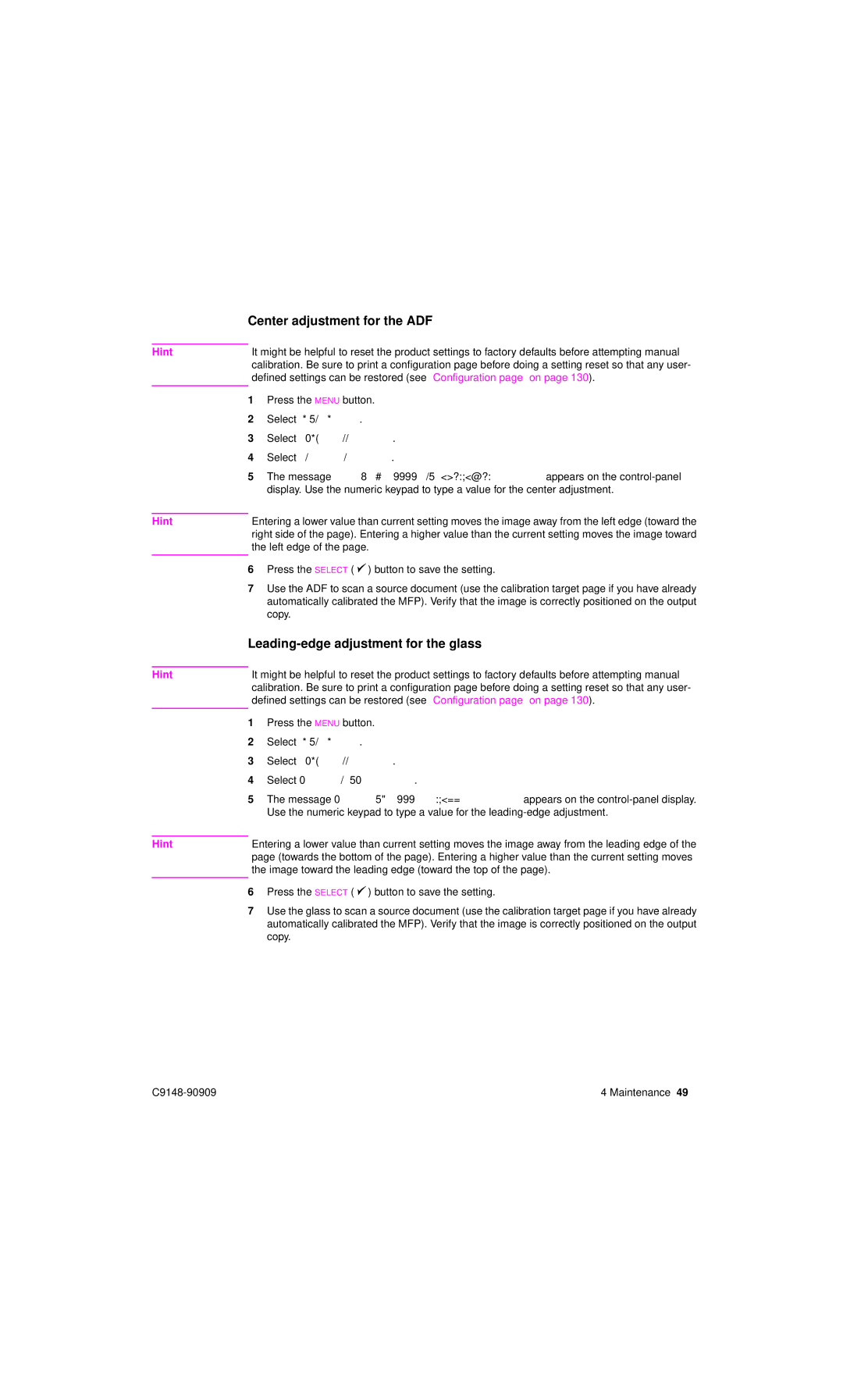 HP 4101mfp manual Center adjustment for the ADF, Leading-edge adjustment for the glass 