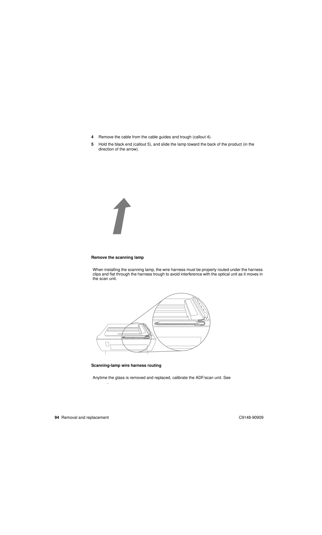 HP 4101mfp manual Remove the scanning lamp, Scanning-lamp wire harness routing 