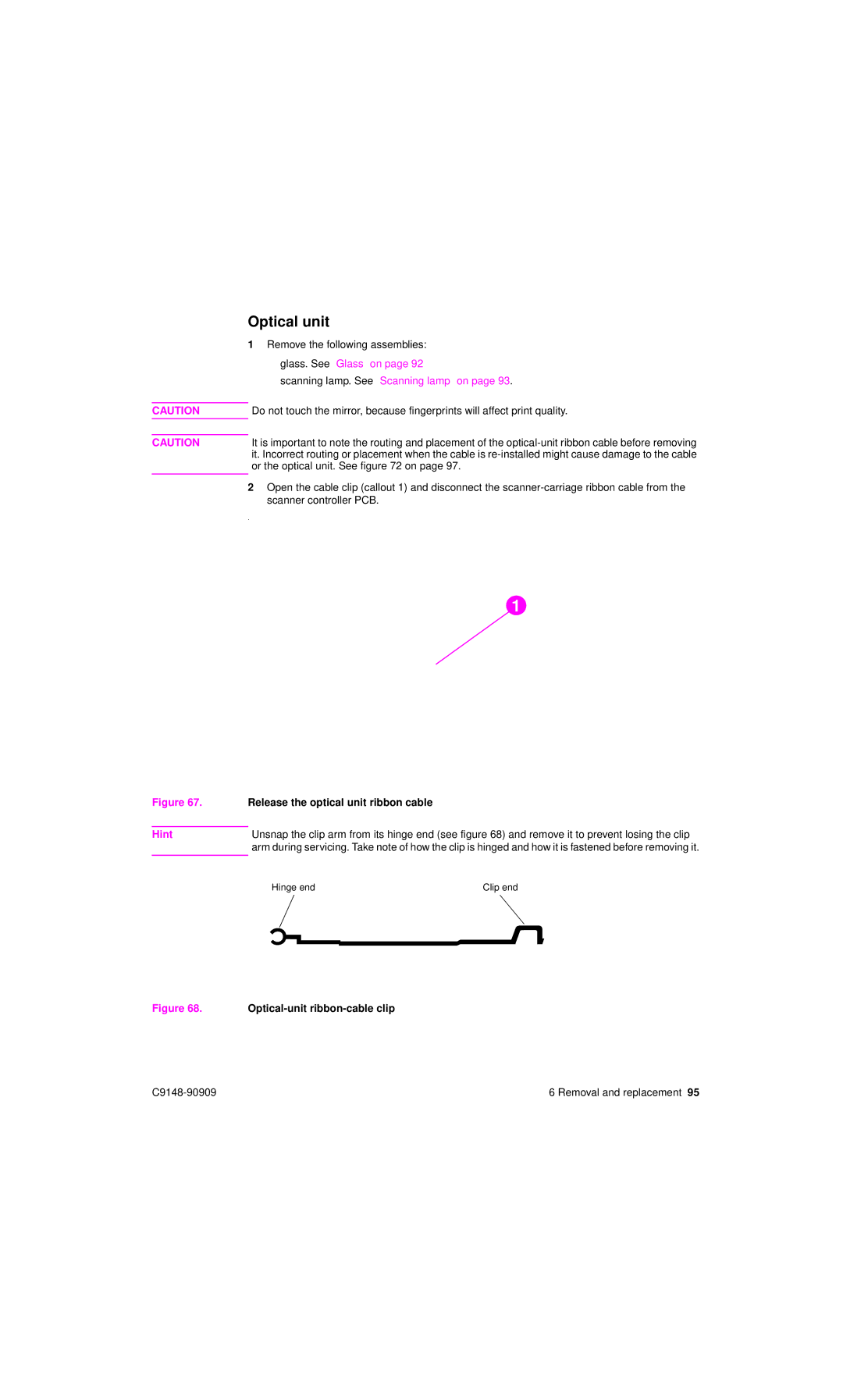 HP 4101mfp manual Release the optical unit ribbon cable, Optical-unit ribbon-cable clip 