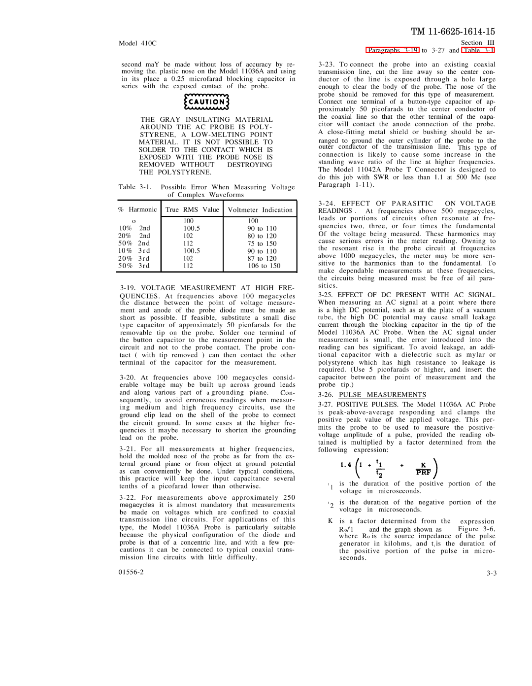 HP 410C manual Voltage Measurement AT High FRE, Pulse Measurements 