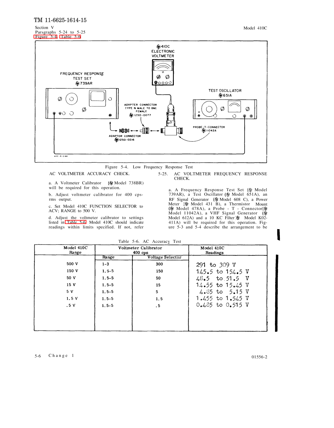 HP 410C manual AC Voltmeter Accuracy Check, AC Voltmeter Frequency Response Check 