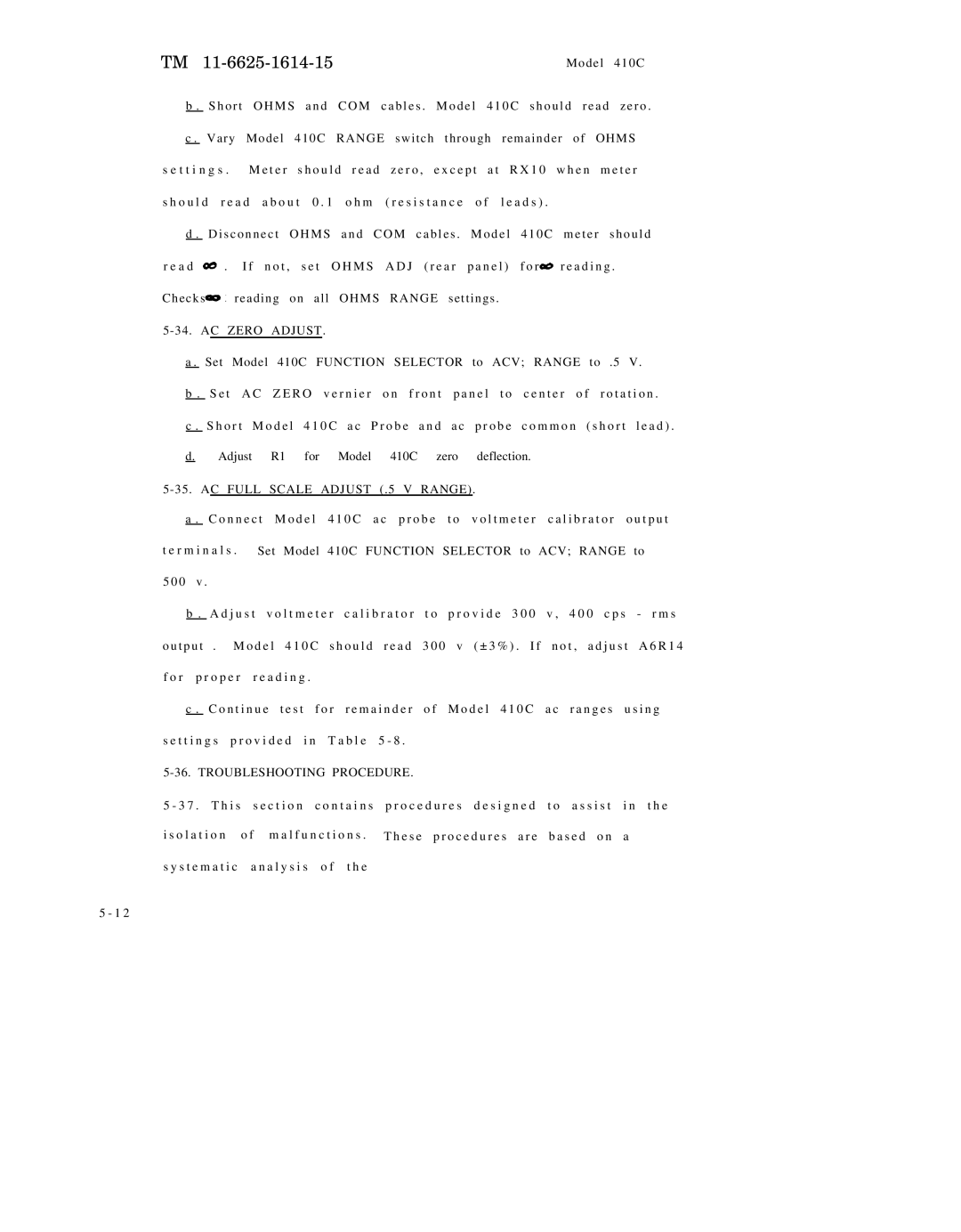 HP 410C manual C Zero Adjust, AC Full Scale Adjust .5 V Range, Troubleshooting Procedure 