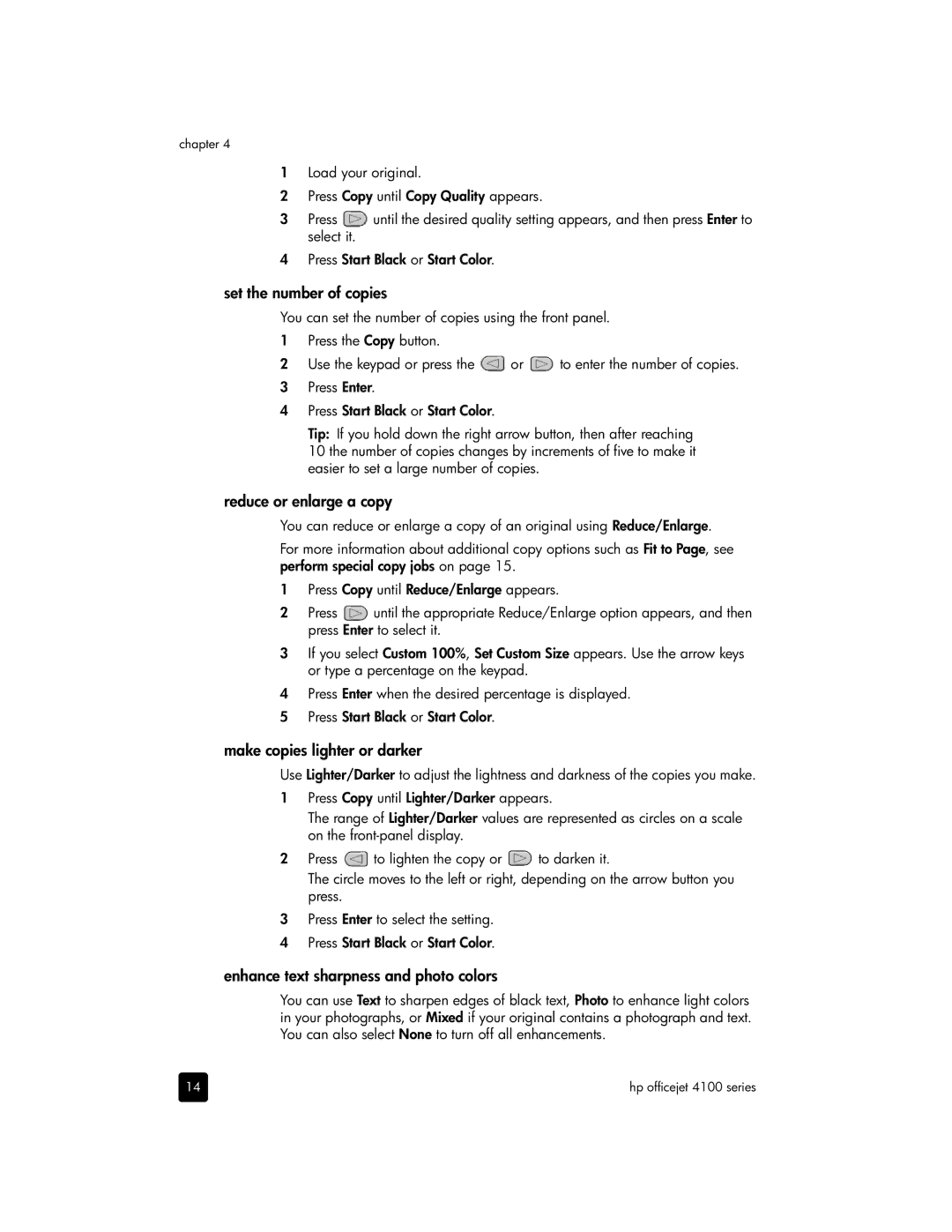 HP 4110v, 4110xi manual Set the number of copies, Reduce or enlarge a copy, Make copies lighter or darker 