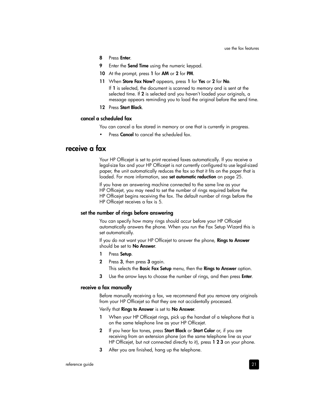 HP 4110xi, 4110v Cancel a scheduled fax, Set the number of rings before answering, Receive a fax manually 