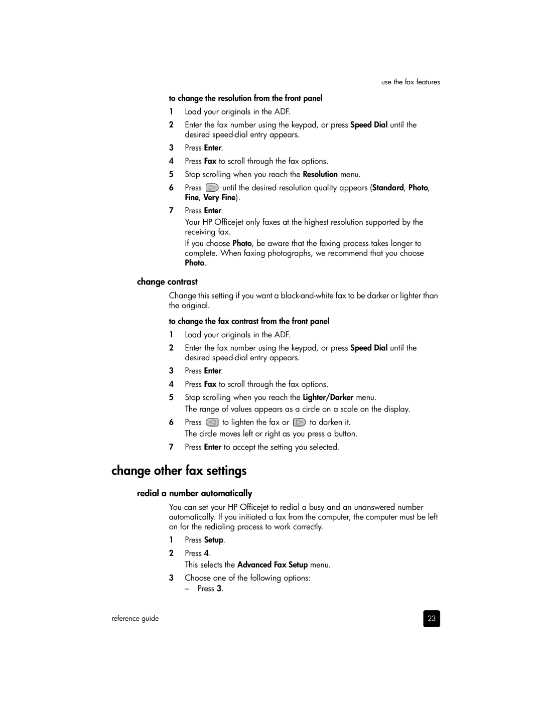 HP 4110v, 4110xi manual Change other fax settings, Change contrast, Redial a number automatically 