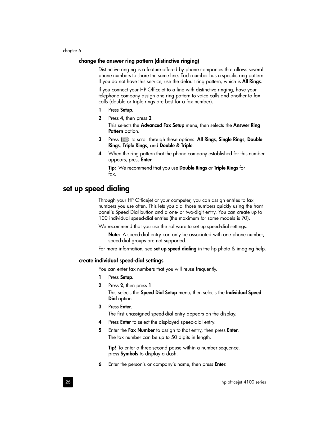 HP 4110v Set up speed dialing, Change the answer ring pattern distinctive ringing, Create individual speed-dial settings 