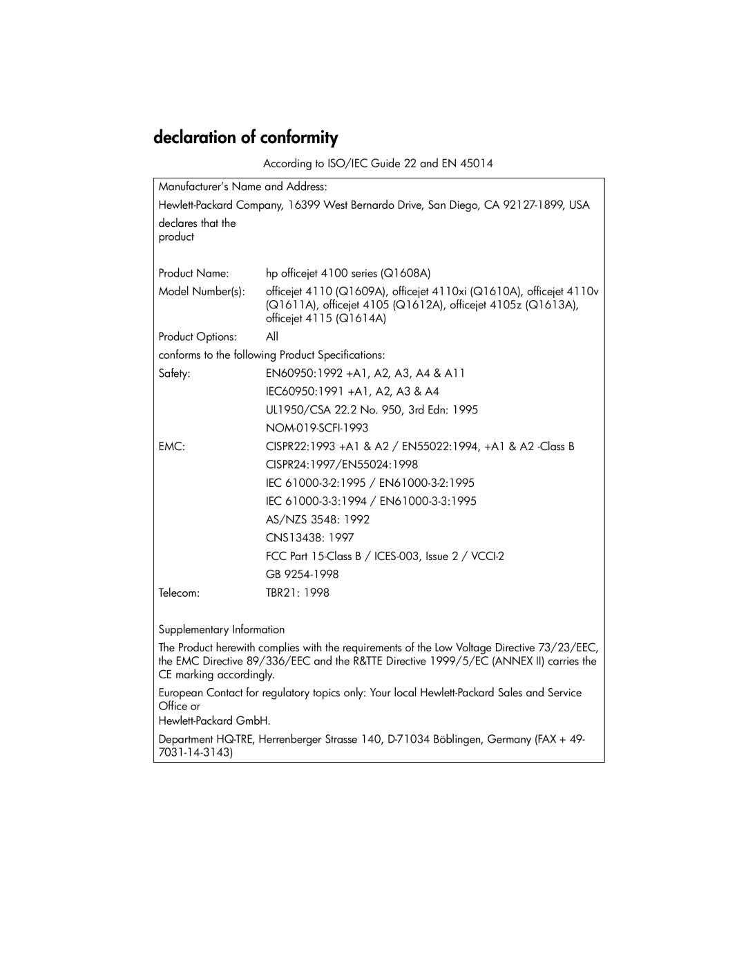 HP 4110v, 4110xi manual Declaration of conformity 