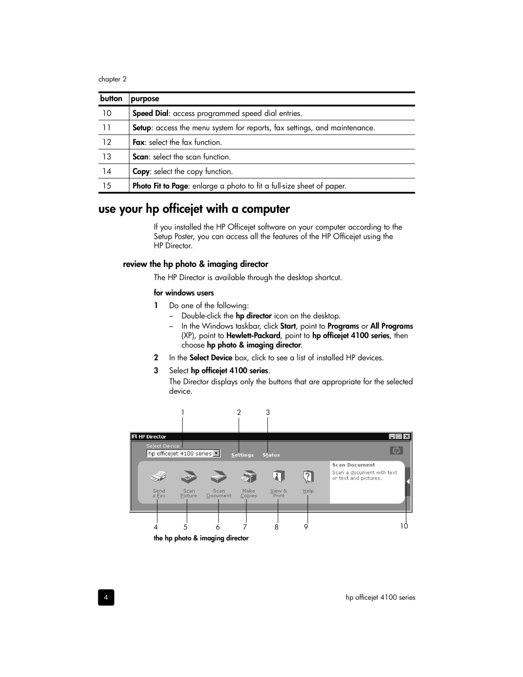 HP 4110v, 4110xi manual Use your hp officejet with a computer, Review the hp photo & imaging director 