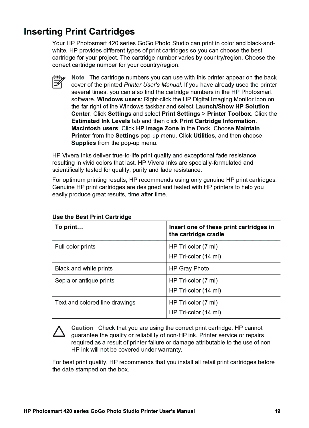 HP 420 manual Inserting Print Cartridges 