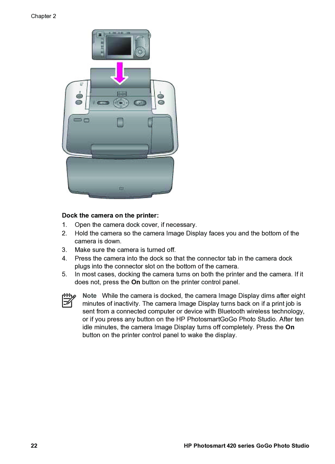 HP 420 manual Dock the camera on the printer 