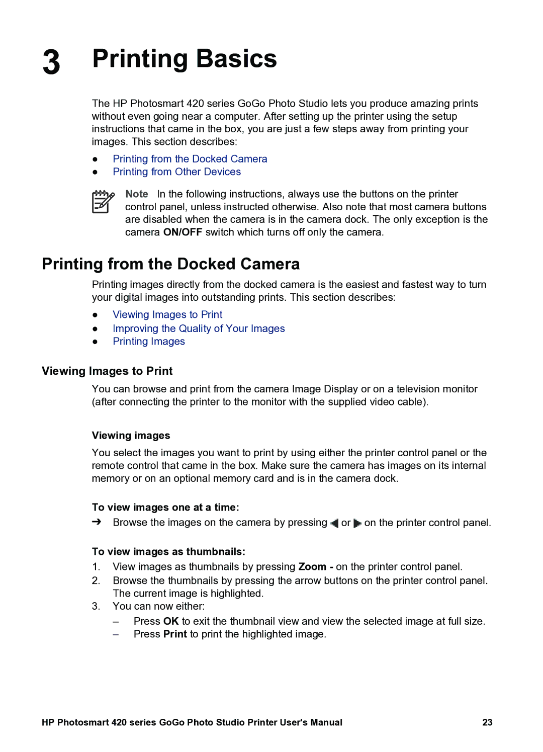 HP 420 manual Printing Basics, Printing from the Docked Camera, Viewing Images to Print 