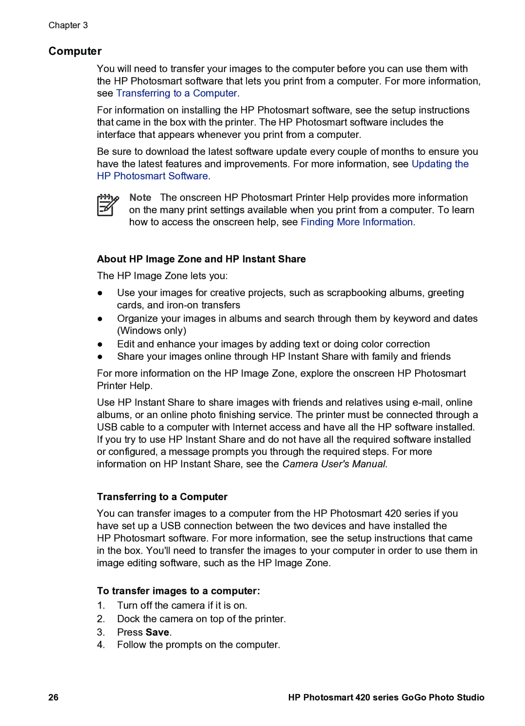 HP 420 manual About HP Image Zone and HP Instant Share, Transferring to a Computer, To transfer images to a computer 