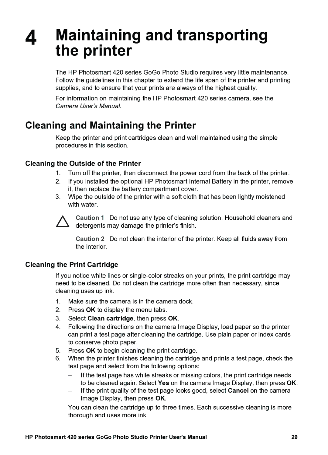 HP 420 manual Maintaining and transporting, Cleaning and Maintaining the Printer, Cleaning the Outside of the Printer 