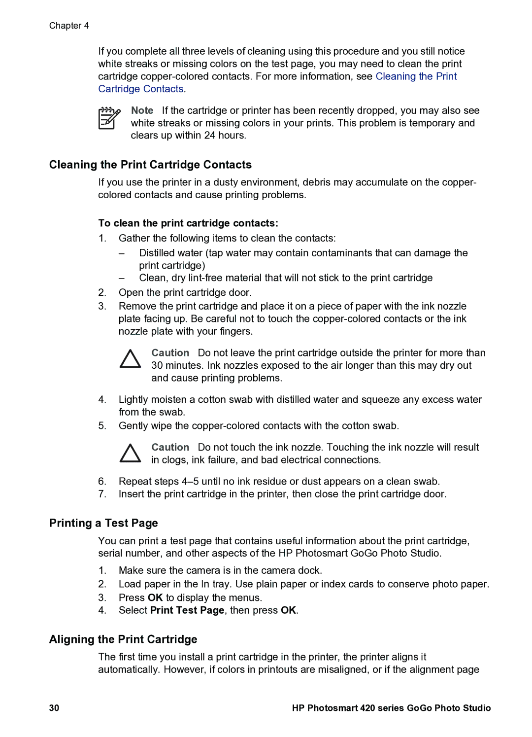 HP 420 manual Cleaning the Print Cartridge Contacts, Printing a Test, Aligning the Print Cartridge 