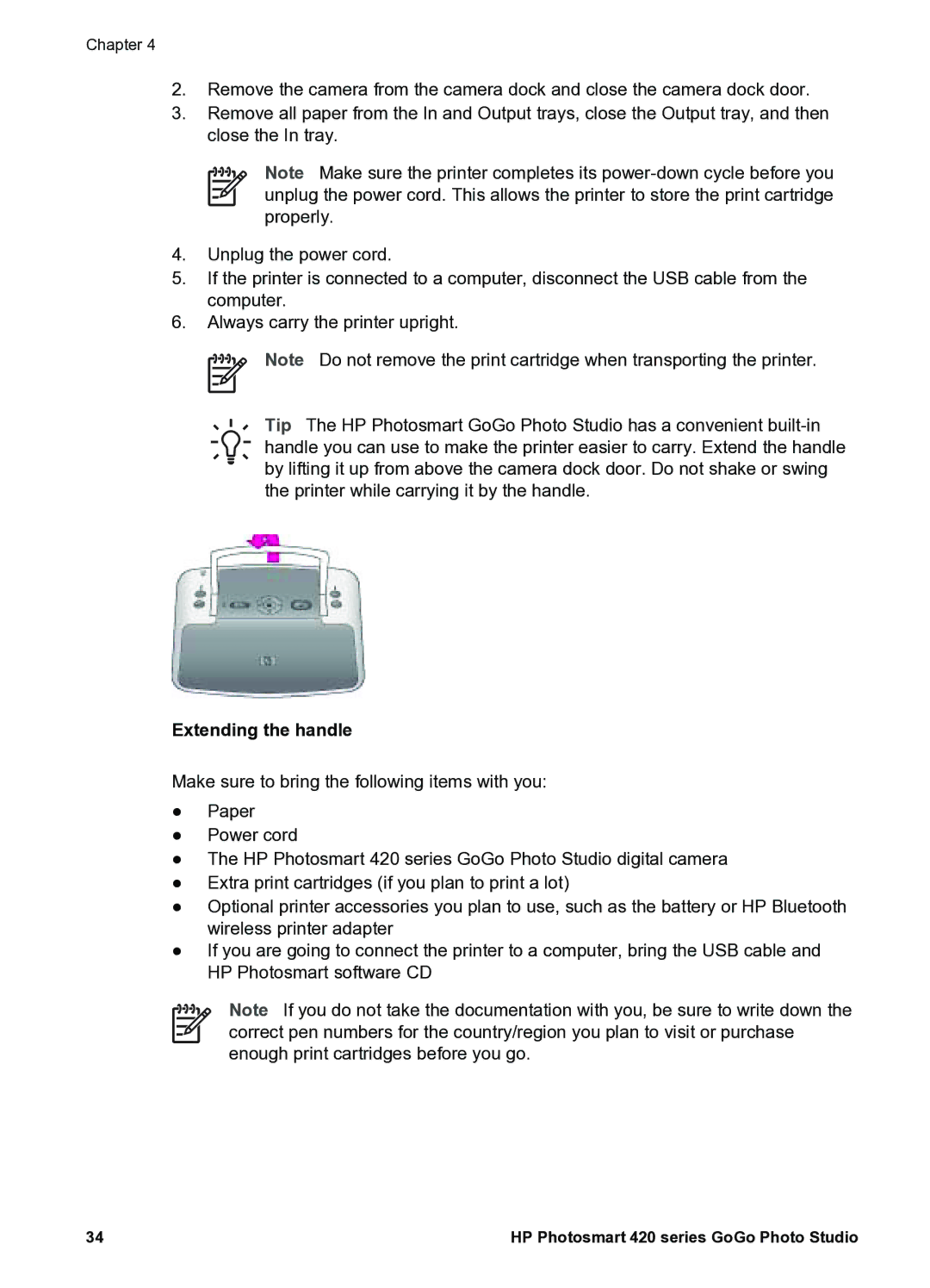 HP 420 manual Extending the handle 