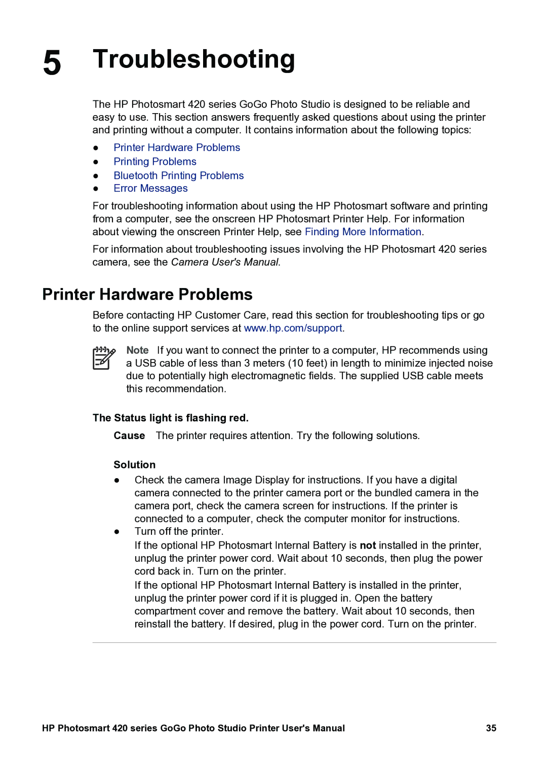 HP 420 manual Troubleshooting, Printer Hardware Problems, Status light is flashing red, Solution 