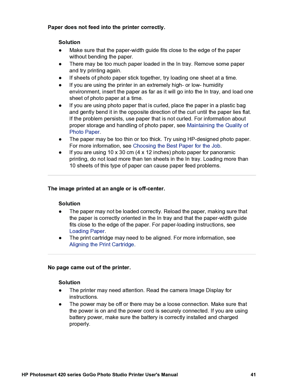 HP 420 manual Paper does not feed into the printer correctly Solution, Image printed at an angle or is off-center Solution 