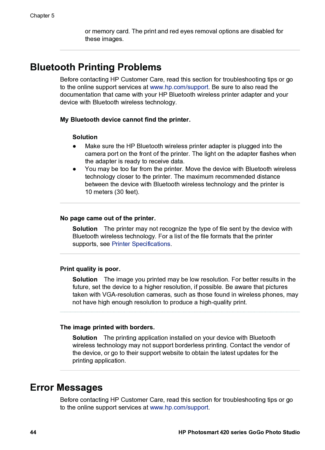 HP 420 manual Bluetooth Printing Problems, Error Messages 