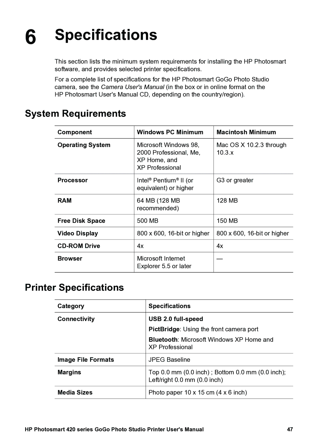 HP 420 manual System Requirements, Printer Specifications 