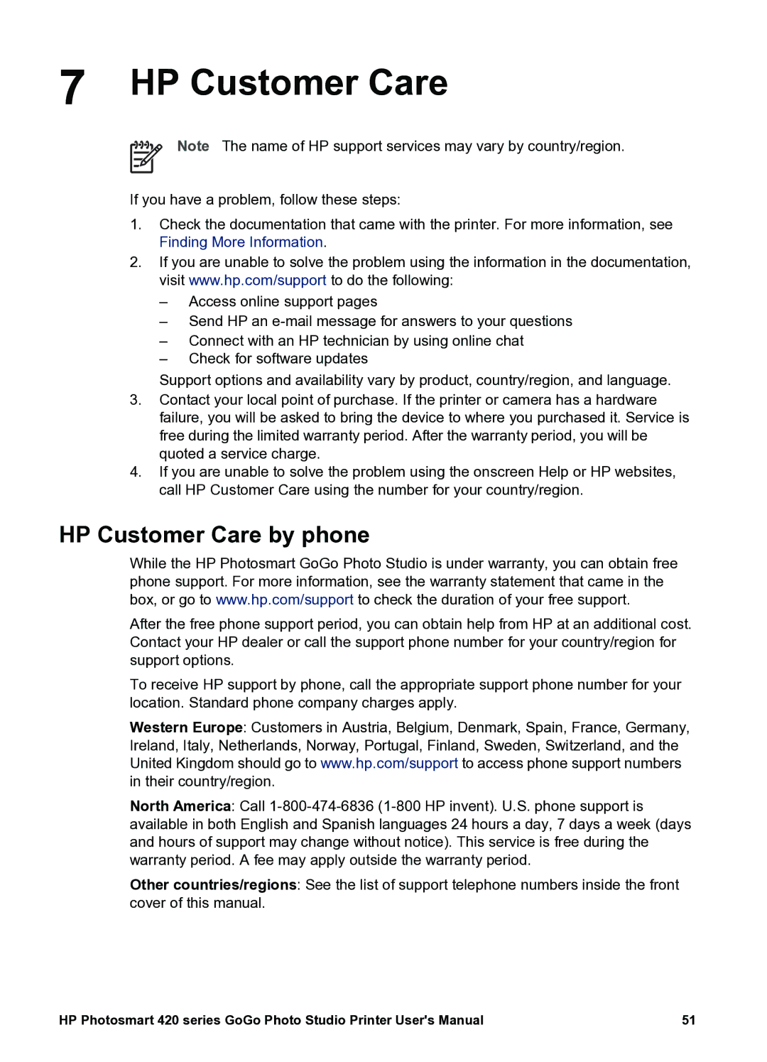 HP 420 manual HP Customer Care by phone 