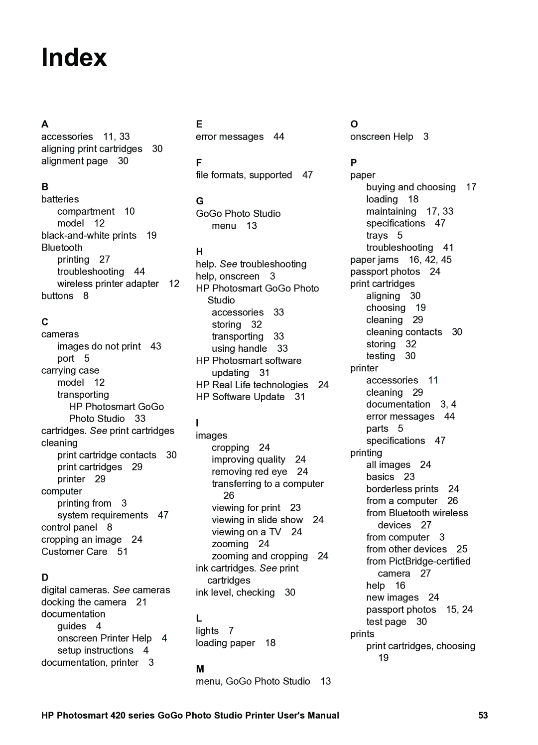 HP 420 manual Index 