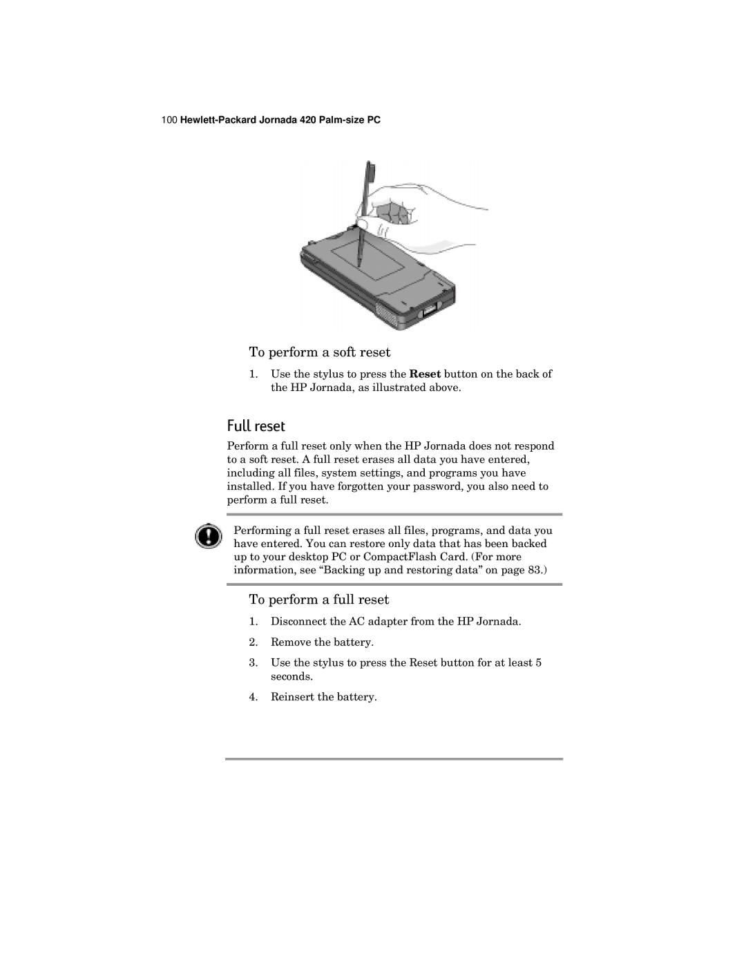 HP 420 manual Full reset, To perform a soft reset, To perform a full reset 