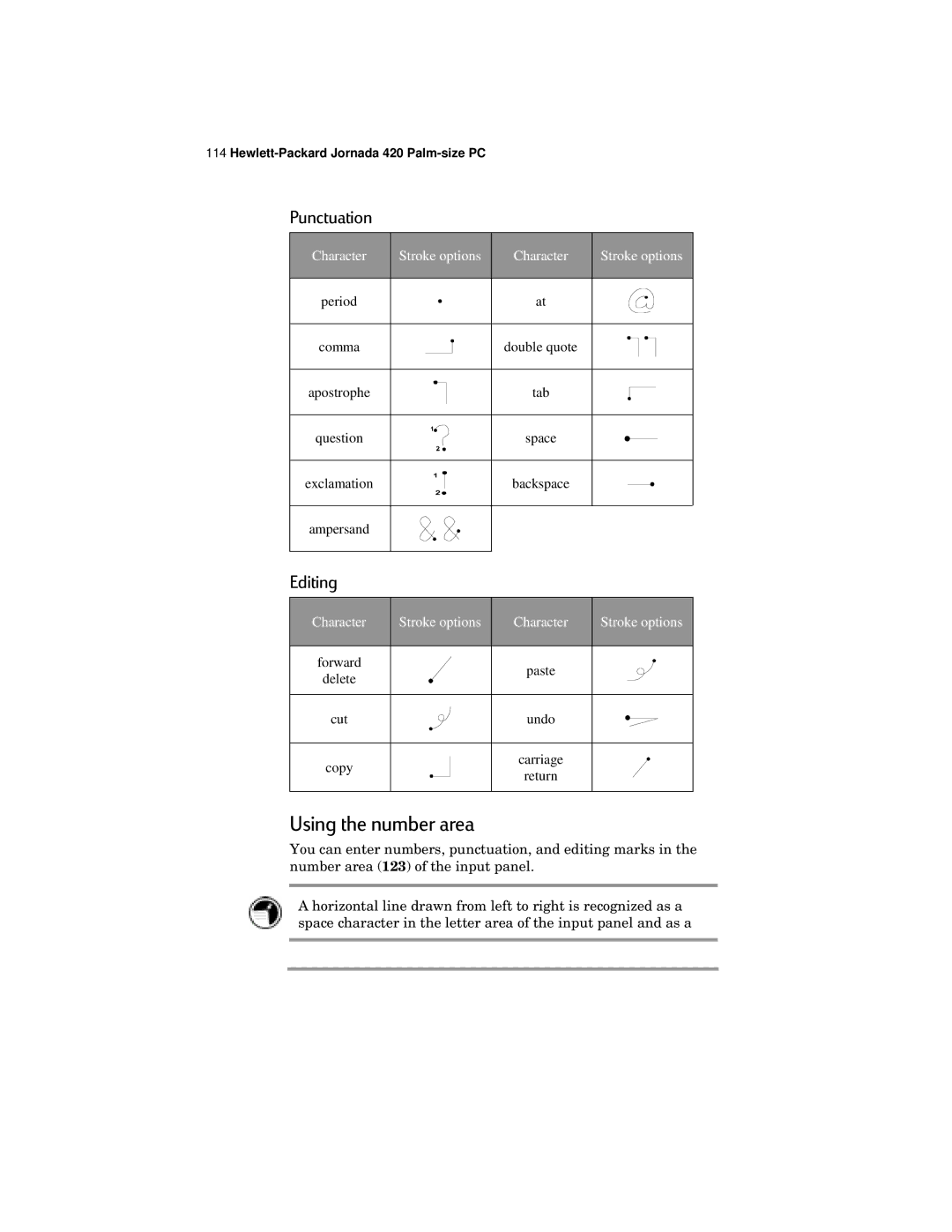 HP 420 manual Using the number area, Punctuation, Editing 