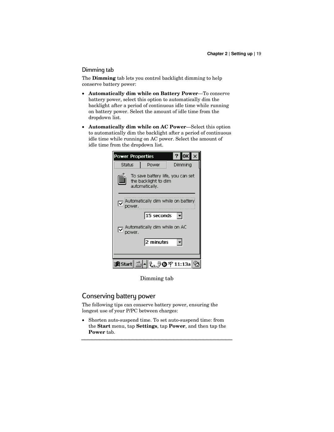 HP 420 manual Conserving battery power, Dimming tab 