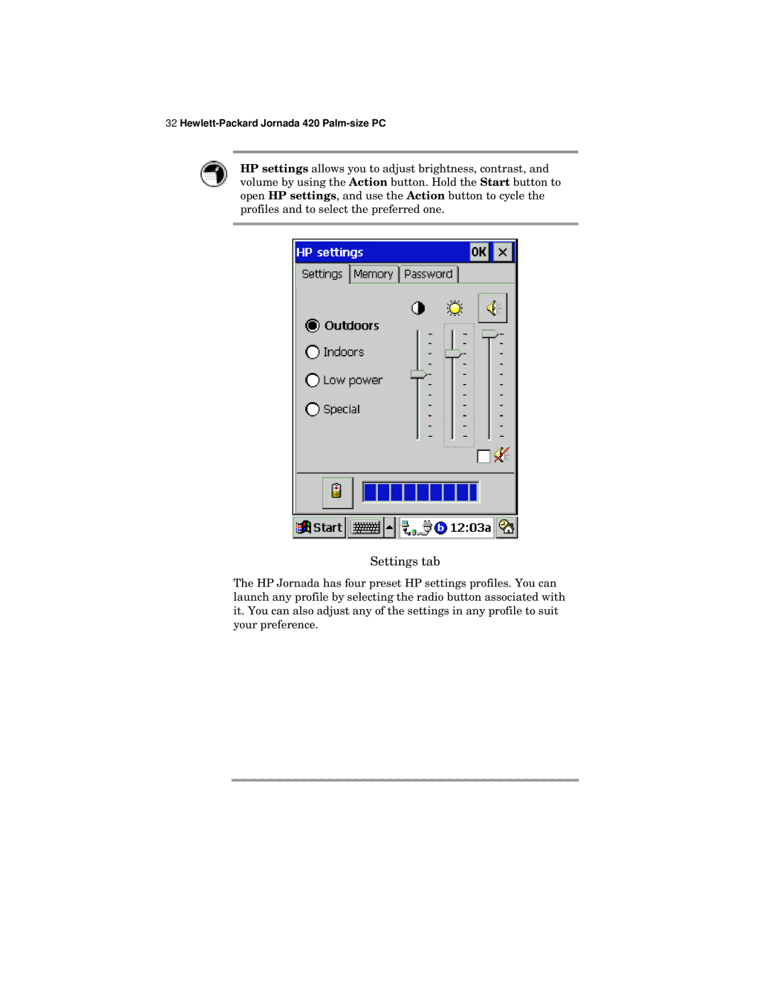 HP 420 manual Settings tab 