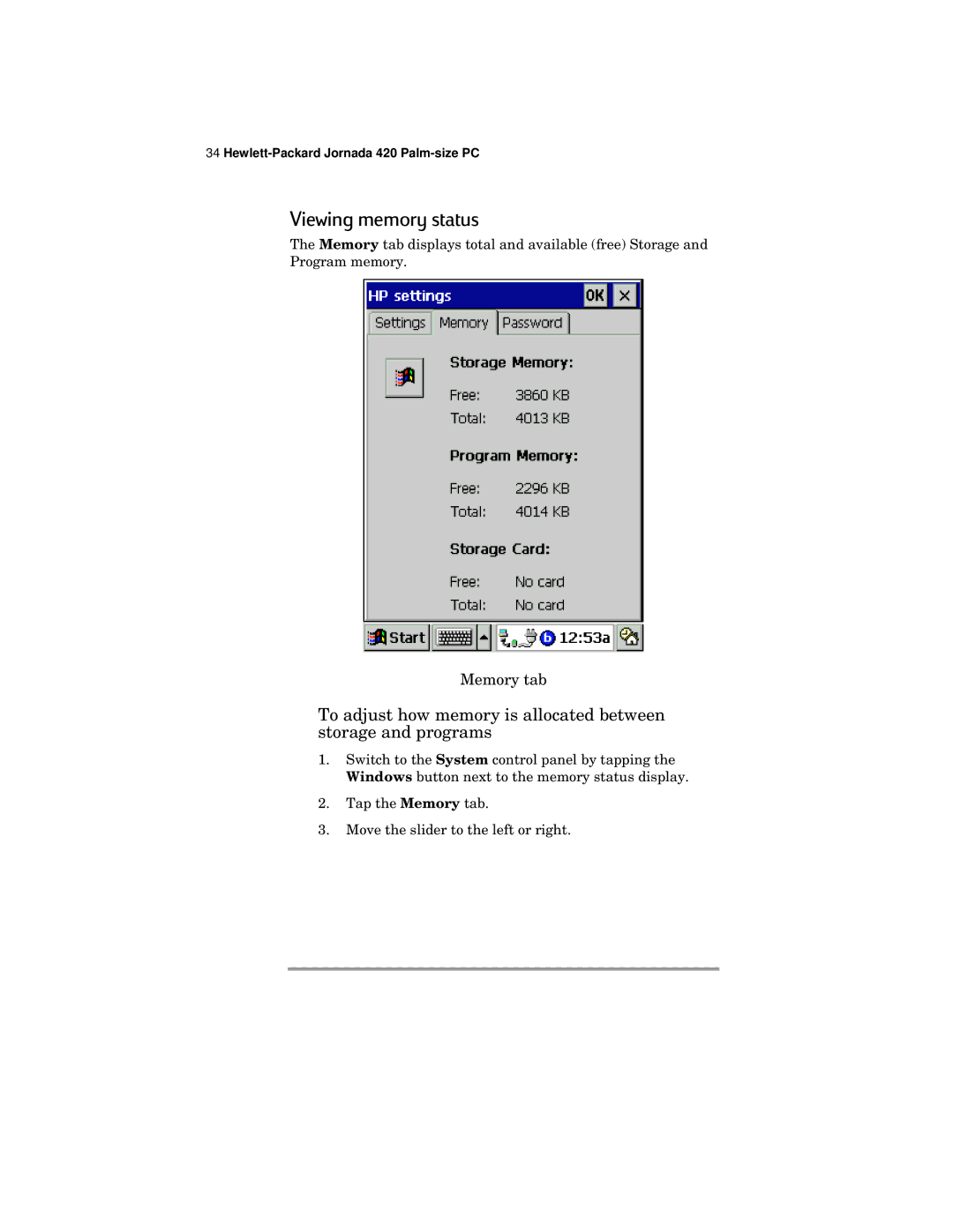 HP 420 manual Viewing memory status 