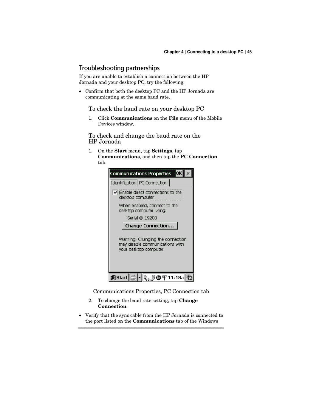 HP 420 manual Troubleshooting partnerships, To check the baud rate on your desktop PC 