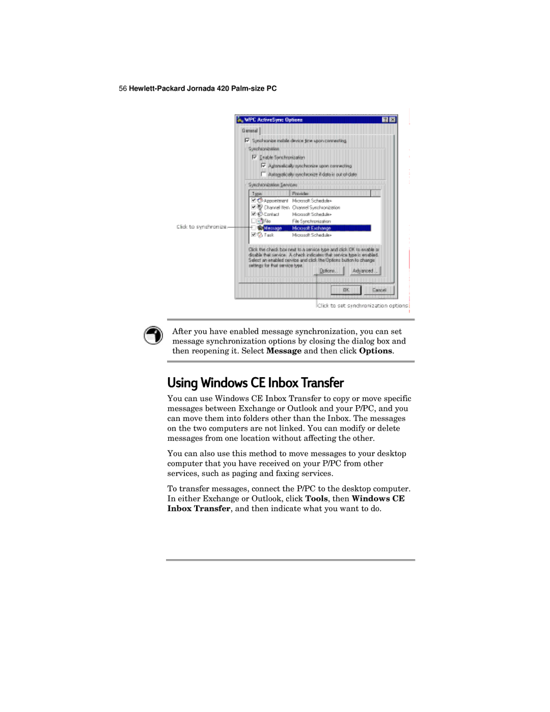 HP 420 manual Using Windows CE Inbox Transfer 